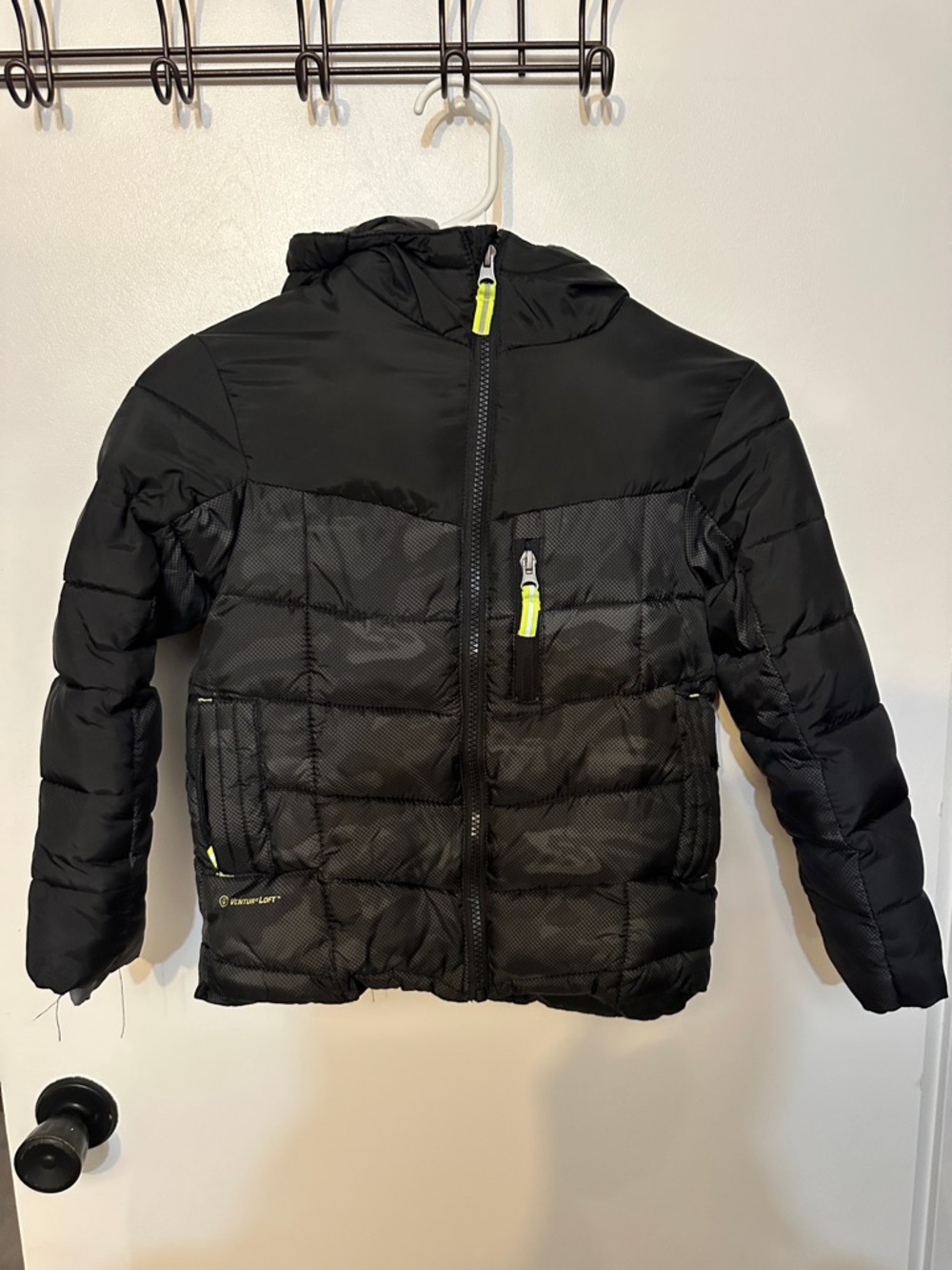 Champion Black Puffer Jacket with Neon Zipper Accents
